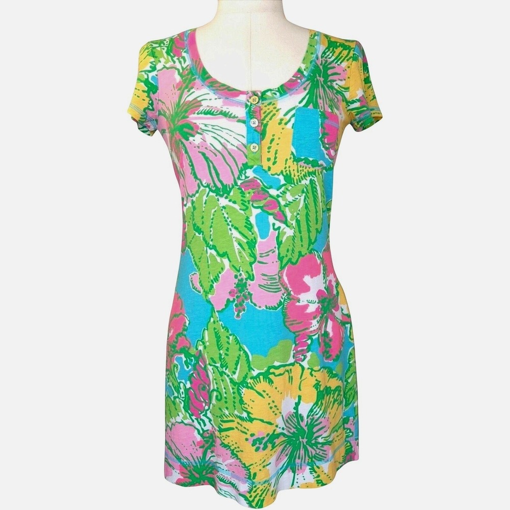 Lilly Pulitzer T-Shirt Dress Womens Small Blue Floral Excellent Henley Pima